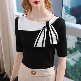 时尚百搭，中袖海军领半袖撞色蝴蝶结绑带五分袖上衣SG-T2C0107