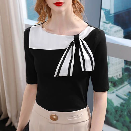 时尚百搭，中袖海军领半袖撞色蝴蝶结绑带五分袖上衣SG-T2C0107 商品图0