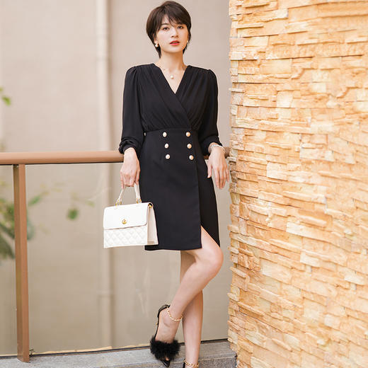 黑色连衣裙女春装新款高端气质轻熟风法式长袖收腰v领a字裙 商品图2