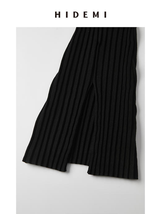 HIDEMI 黑色竖条冰麻开衩喇叭神裤 商品图2