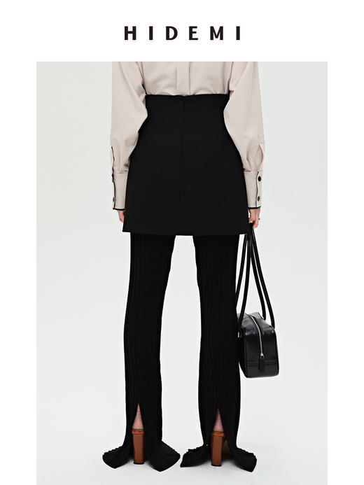 HIDEMI 黑色竖条冰麻开衩喇叭神裤 商品图5
