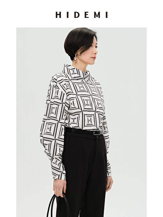 HIDEMI 经典几何印花翻领设计感廓形衬衫 商品图2