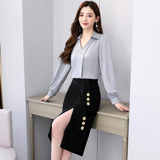 韩版修身，翻领衬衫+半裙两件套时尚套装HR-HBLJRA032 商品图9