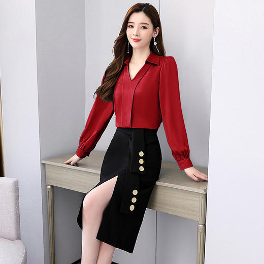 韩版修身，翻领衬衫+半裙两件套时尚套装HR-HBLJRA032 商品图7