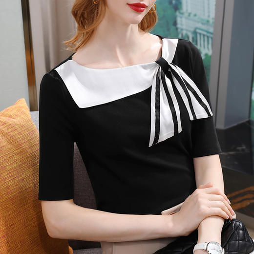 时尚百搭，中袖海军领半袖撞色蝴蝶结绑带五分袖上衣SG-T2C0107 商品图1
