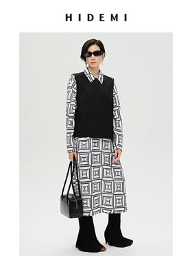HIDEMI 经典几何印花廓形长款衬衫连衣裙