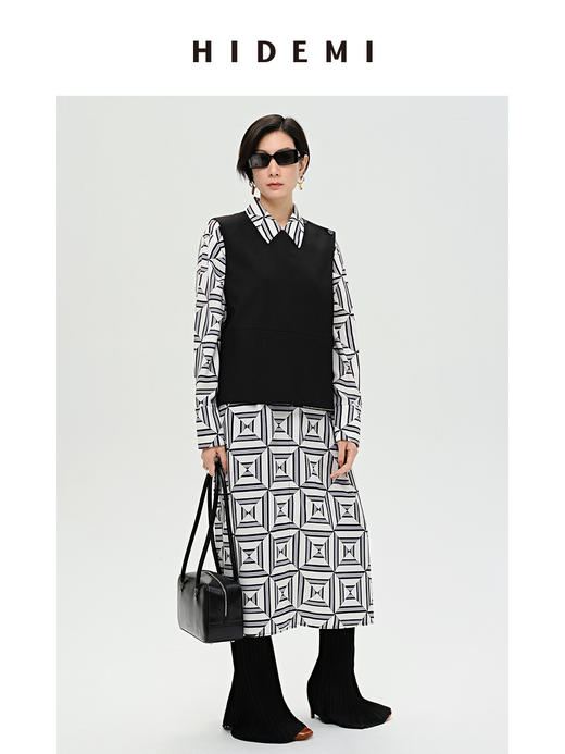 HIDEMI 经典几何印花廓形长款衬衫连衣裙 商品图0