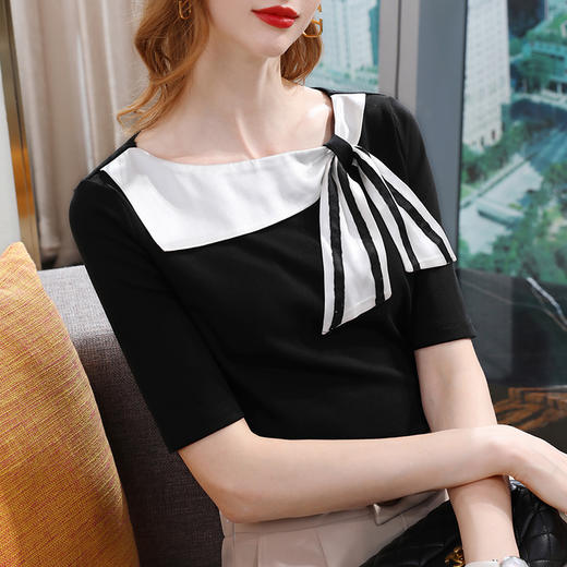 时尚百搭，中袖海军领半袖撞色蝴蝶结绑带五分袖上衣SG-T2C0107 商品图3