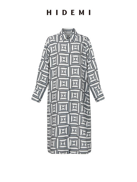 HIDEMI 经典几何印花廓形长款衬衫连衣裙 商品图1