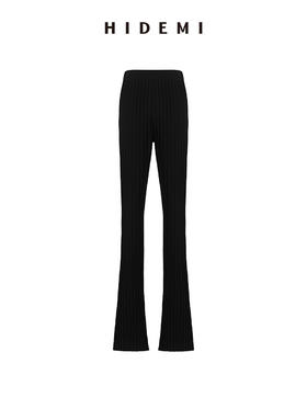 HIDEMI 黑色竖条冰麻开衩喇叭神裤