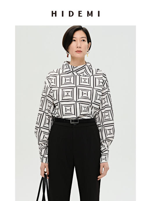 HIDEMI 经典几何印花翻领设计感廓形衬衫 商品图1
