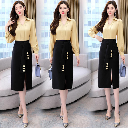 韩版修身，翻领衬衫+半裙两件套时尚套装HR-HBLJRA032 商品图0