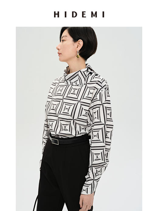 HIDEMI 经典几何印花翻领设计感廓形衬衫 商品图4