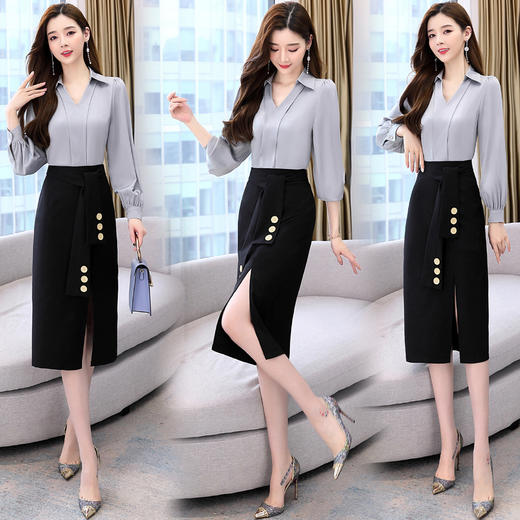 韩版修身，翻领衬衫+半裙两件套时尚套装HR-HBLJRA032 商品图1