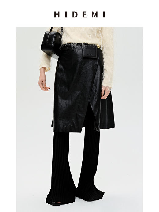 HIDEMI 黑色竖条冰麻开衩喇叭神裤 商品图1