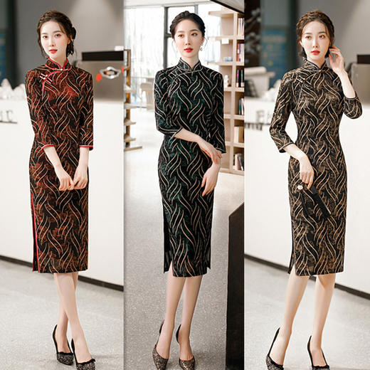 SYK-281153 中老年女士大码七分袖旗袍2021秋冬新款复古民国中式旗袍裙 商品图0