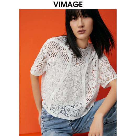 VIMAGE/纬漫纪夏季新款100%棉洋气精致蕾丝钩花镂空T恤上衣V1702303 商品图2
