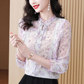 休闲百搭，荷叶边木耳领蝴蝶结印花系带雪纺花衬衣KQL-375