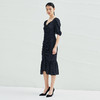 EITIE爱特爱夏季新款时尚V领气质鱼尾压褶复古波点修身连衣裙B2207930 商品缩略图1