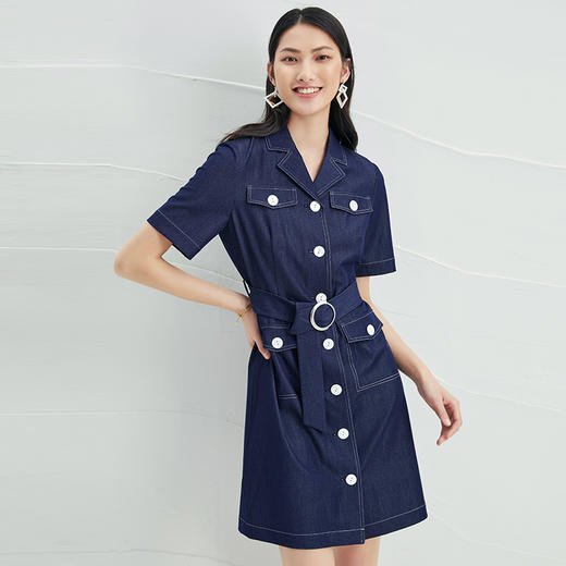 EITIE爱特爱夏季新款时尚翻领通勤减龄显瘦复古a字牛仔连衣裙B2207926 商品图2