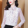休闲百搭，荷叶边木耳领蝴蝶结印花系带雪纺花衬衣KQL-375 商品缩略图3
