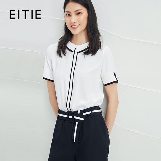 EITIE爱特爱夏季新款气质通勤撞色百搭直筒翻领短袖衬衫上衣B2209902 商品图0