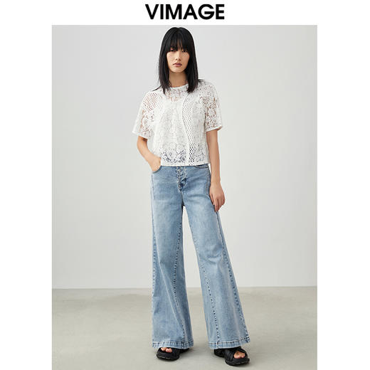 VIMAGE/纬漫纪夏季新款100%棉洋气精致蕾丝钩花镂空T恤上衣V1702303 商品图1