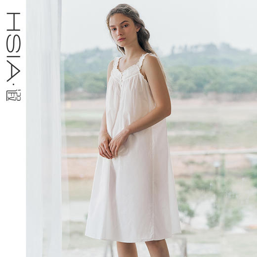 HSIA遐全棉睡裙女宽松遮肉甜美春日复古家居裙春夏中长宽肩带吊裙 商品图0