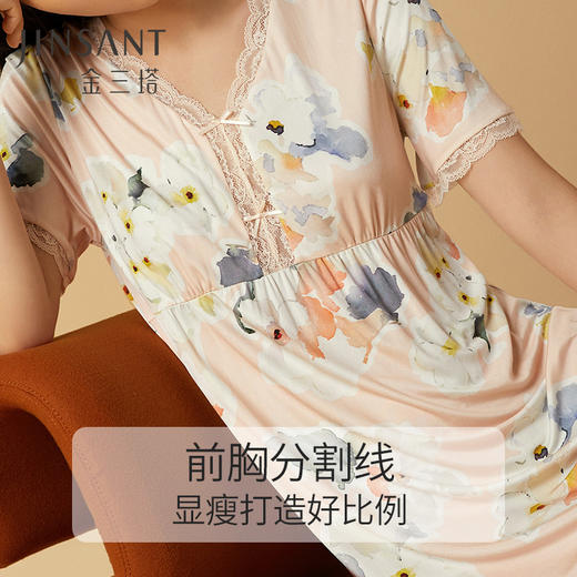 金三塔真丝睡裙100%桑蚕丝甜美蕾丝印花短袖针织睡衣家居服女裸感 YZFCA302 商品图2