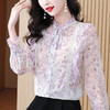 休闲百搭，荷叶边木耳领蝴蝶结印花系带雪纺花衬衣KQL-375 商品缩略图2