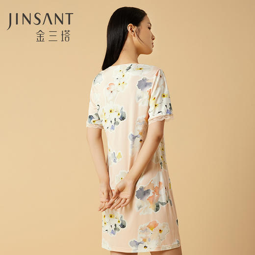 金三塔真丝睡裙100%桑蚕丝甜美蕾丝印花短袖针织睡衣家居服女裸感 YZFCA302 商品图1