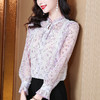 休闲百搭，荷叶边木耳领蝴蝶结印花系带雪纺花衬衣KQL-375 商品缩略图1