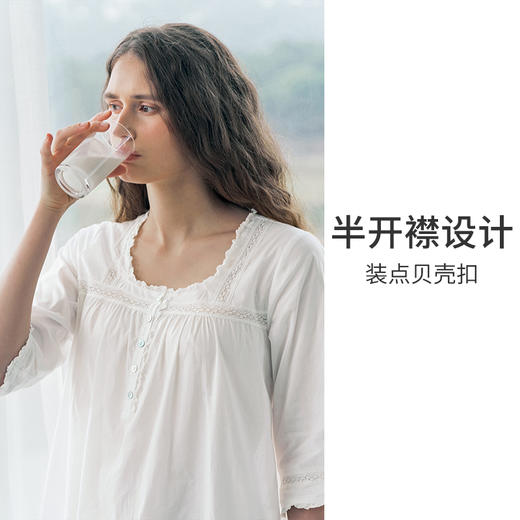 HSIA遐睡裙女全棉宽松七分袖甜美春日春夏款家居裙复古方领套头裙 商品图3