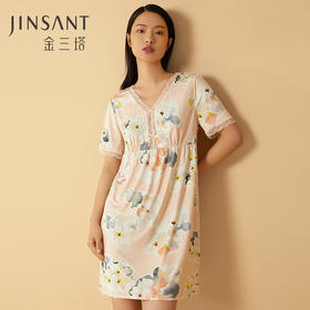 金三塔真丝睡裙100%桑蚕丝甜美蕾丝印花短袖针织睡衣家居服女裸感 YZFCA302