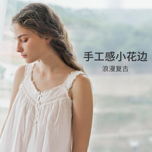 HSIA遐全棉睡裙女宽松遮肉甜美春日复古家居裙春夏中长宽肩带吊裙 商品图3