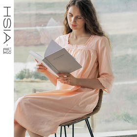 HSIA遐睡裙女全棉宽松七分袖甜美春日春夏款家居裙复古方领套头裙