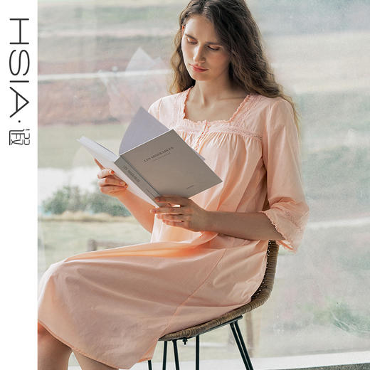 HSIA遐睡裙女全棉宽松七分袖甜美春日春夏款家居裙复古方领套头裙 商品图0