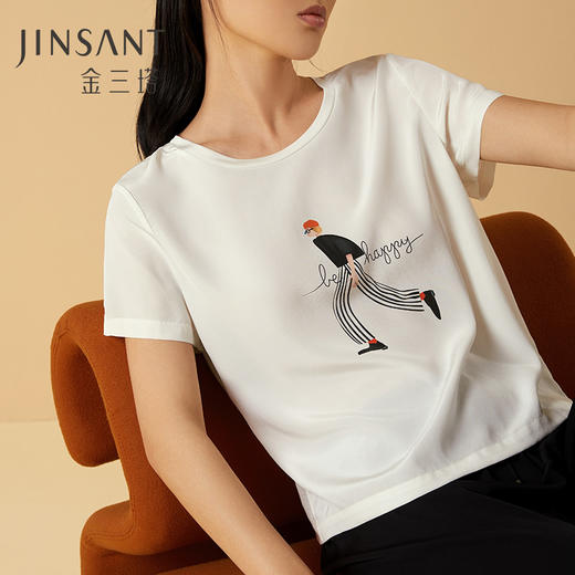 金三塔100%桑蚕丝水洗双绉不易皱的真丝女士时尚印花短袖T恤新品  YZFCA702 商品图0