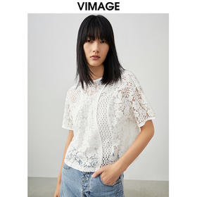VIMAGE/纬漫纪夏季新款100%棉洋气精致蕾丝钩花镂空T恤上衣V1702303