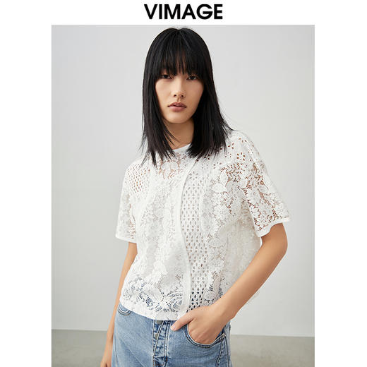 VIMAGE/纬漫纪夏季新款100%棉洋气精致蕾丝钩花镂空T恤上衣V1702303 商品图0