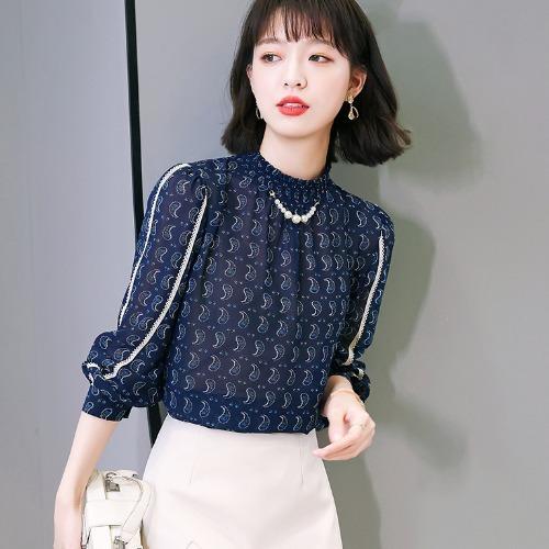 【MZ】2022春季新款长袖印花立领雪纺衫女套头宽松通勤百搭法式别致衬衫 商品图1