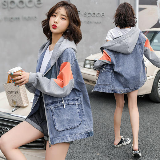 TZW-牛仔外套女宽松短款连帽卫衣拼接假两件洋气上衣潮 商品图2
