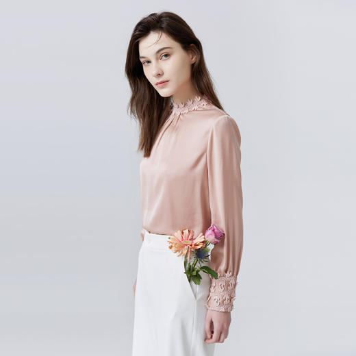 METTE22年春夏女桑蚕丝衬衫长袖立领长袖真丝上衣时尚花瓣边衬衣 商品图2