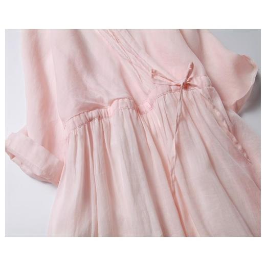 夏季仿苎麻宽松文艺V领七分袖大摆裙高腰显瘦系带纯色中长裙 商品图2