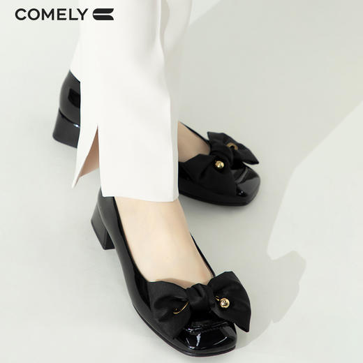 康莉单鞋女2022年春季新款甜美蝴蝶结方头漆皮浅口工作鞋KYQ21033 商品图0