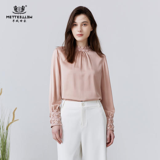 METTE22年春夏女桑蚕丝衬衫长袖立领长袖真丝上衣时尚花瓣边衬衣 商品图0