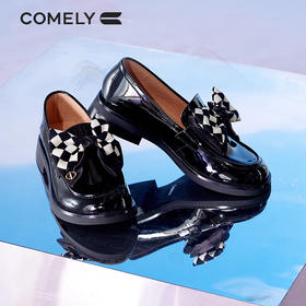 康莉2022年春季新款复古圆头棋盘格蝴蝶结韩系jk小皮鞋KYM21125