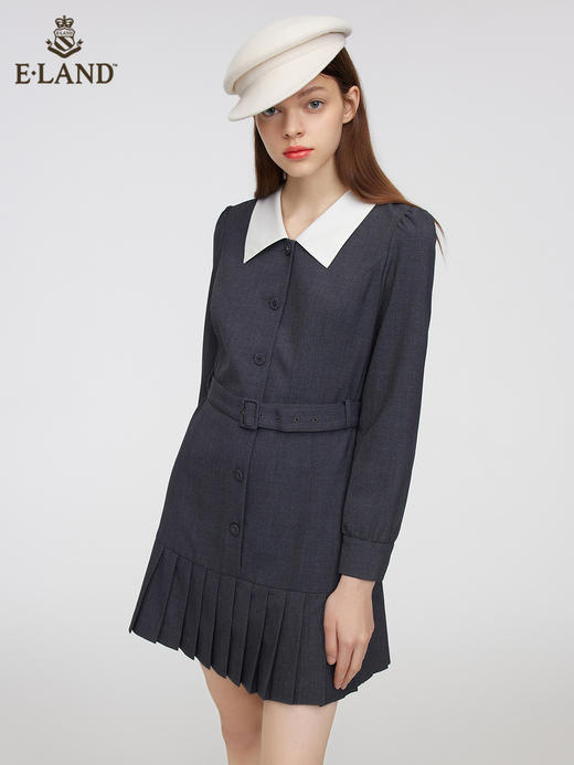 ELAND衣恋2022年春季新款小众气质灰色腰带西装连衣裙百褶裙女EEOWC12H2B 商品图0