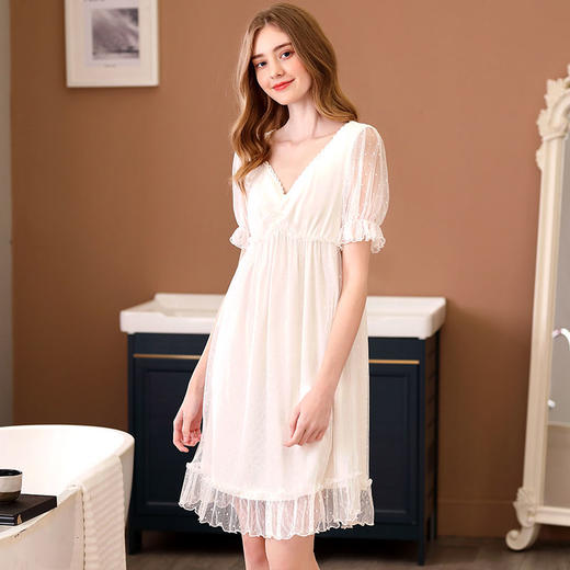 睡衣女夏季短袖甜美可爱公主风宫廷蕾丝性感带胸垫睡裙子夏天薄款 商品图1