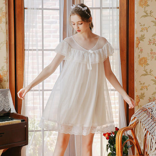 很仙的睡裙女夏纯棉性感网纱莫代尔短袖薄款甜美公主风睡衣家居服 商品图2